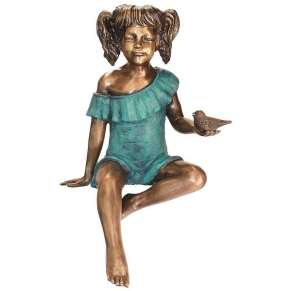 Bridgette with Bird Little Girl Cast Bronze Garden Statue Sitting Sculpture